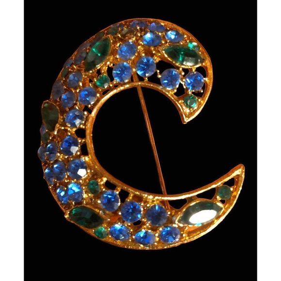 Vintage Swirl Marquise Goldtone Emerald Green and Blue Brooch Pin EUC - Picture 1 of 4